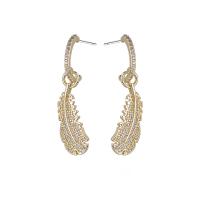 Brass Drop Earring, Feather, plated, fashion jewelry & micro pave cubic zirconia & for woman, more colors for choice, nickel, lead & cadmium free, 10x31.20mm, Sold By Pair