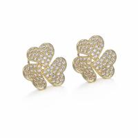 Brass Stud Earring, Three Leaf Clover, plated, fashion jewelry & micro pave cubic zirconia & for woman, more colors for choice, nickel, lead & cadmium free, 13.90x14.30mm, Sold By Pair