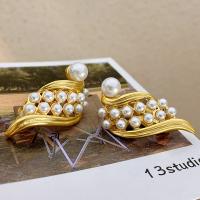 Brass Stud Earring, with Plastic Pearl, real gold plated, fashion jewelry & for woman, golden, nickel, lead & cadmium free, 40mm, Sold By Pair