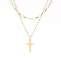 Multi Layer Necklace 304 Stainless Steel with 1.97inch extender chain Cross 24K gold plated Double Layer & fashion jewelry & Unisex golden Length Approx 15.75 Inch Approx 17.72 Inch Sold By PC
