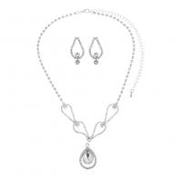 Rhinestone Jewelry Sets, earring & necklace, with Brass, silver color plated, for woman, 3.3cm,2.7cm, Length:59 cm, Sold By Set
