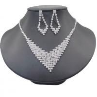 Rhinestone Jewelry Sets, earring & necklace, with Brass, silver color plated, for woman, 8cm,4cm, Length:40 cm, Sold By Set