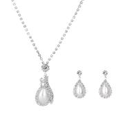 Strass-Schmuck-Sets, Ohrring & Halskette, Strass, mit Kunststoff Perlen & Messing, silberfarben plattiert, für Frau, 1.8x4.3cm,1.2x2.8cm, Länge 46 cm, verkauft von setzen
