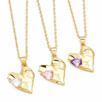 Brass Necklace with 5cm extender chain Heart plated fashion jewelry & micro pave cubic zirconia nickel lead & cadmium free Length 45 cm Sold By PC