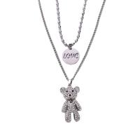 Titanium Steel Necklace, Bear, polished, Double Layer & sideways chain & for woman & with rhinestone, original color, Length:Approx 17.7 Inch, Approx 23.6 Inch, Sold By PC