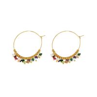 304 Stainless Steel Hoop Earring, with Natural Stone, real gold plated, Bohemian style & for woman, more colors for choice, 47mm, Sold By Pair