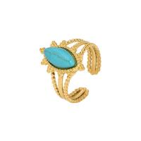 304 Stainless Steel Cuff Finger Ring, with turquoise, 18K gold plated, adjustable & for woman & hollow, 12x18.30mm, Sold By PC