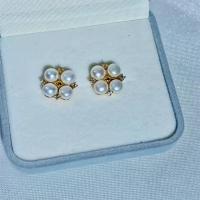 Freshwater Pearl Earrings, with Brass, Four Leaf Clover, gold color plated, fashion jewelry & for woman, white, 5.5-6mm, Sold By Pair
