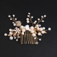 Decorative Hair Combs, Tibetan Style, with Plastic Pearl, handmade, fashion jewelry & for woman & with rhinestone, golden, nickel, lead & cadmium free, 110x78mm, Sold By PC