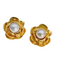 Zinc Alloy Stud Earring with Plastic Pearl Rose real gold plated fashion jewelry & for woman golden nickel lead & cadmium free 30mm Sold By Pair