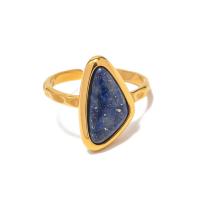 Stainless Steel Finger Ring, 304 Stainless Steel, with Lapis Lazuli, 18K gold plated, fashion jewelry & for woman, golden, 1.94x1.76cm, Sold By PC