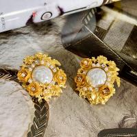 Tibetan Style Stud Earring, with Plastic Pearl, fashion jewelry & for woman & with rhinestone, golden, nickel, lead & cadmium free, 35mm, Sold By Pair