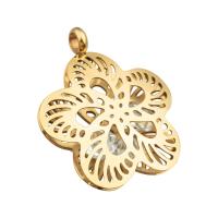 Stainless Steel Flower Pendant, 304 Stainless Steel, with Rhinestone, petals, Vacuum Ion Plating, fashion jewelry & hollow, golden, 34x29x7mm, Hole:Approx 3.9mm, Sold By PC