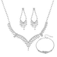 Rhinestone Jewelry Sets, bracelet & earring & necklace, with Brass, silver color plated, three pieces & for woman, Sold By Set
