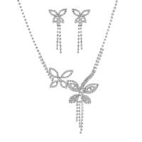 Rhinestone Jewelry Sets, earring & necklace, with Brass, Butterfly, silver color plated, for woman, 51.80mm, Length:18.11 Inch, Sold By Set