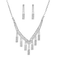 Rhinestone Jewelry Sets, earring & necklace, with Brass, silver color plated, for woman, 39.80mm, Length:18.11 Inch, Sold By Set