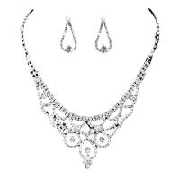 Rhinestone Jewelry Sets, earring & necklace, with Brass, silver color plated, for woman, 9.8cm,2.8cm, Length:43 cm, Sold By Set