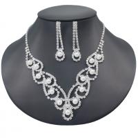 Rhinestone Jewelry Sets, earring & necklace, with Plastic Pearl & Brass, silver color plated, for woman, 10cm,4.3cm, Length:44 cm, Sold By Set