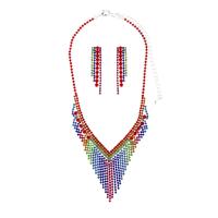 Rhinestone Jewelry Sets, earring & necklace, with Brass, silver color plated, for woman, multi-colored, 11cm,4.8cm, Length:45 cm, Sold By Set