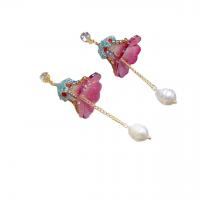 Brass Drop Earring with Freshwater Pearl & Lampwork plated fashion jewelry & with rhinestone rose pink nickel lead & cadmium free Sold By Pair