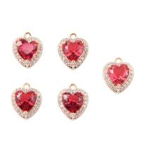 Brass Jewelry Pendants, with Glass Rhinestone, Heart, plated, DIY, red, nickel, lead & cadmium free, 11x11mm, Hole:Approx 2mm, 5PCs/Bag, Sold By Bag