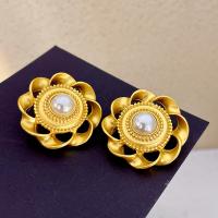 Tibetan Style Stud Earring, with Plastic Pearl, real gold plated, fashion jewelry & for woman, golden, nickel, lead & cadmium free, 35mm, Sold By Pair