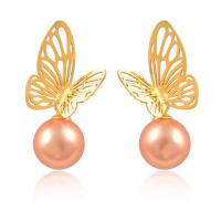 Stainless Steel Drop Earring, 316L Stainless Steel, with Plastic Pearl, Butterfly, Vacuum Ion Plating, fashion jewelry & for woman & hollow, Champagne, 9x30mm, Sold By Pair