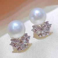 Brass Stud Earring, with Plastic Pearl, fashion jewelry & micro pave cubic zirconia & for woman, nickel, lead & cadmium free, 23x14mm, Sold By Pair