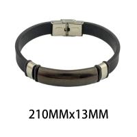 Pulseira  de jóias de aço inox, Aço inoxidável 304, with Couro do plutônio & silicone, joias de moda & unissex, preto, 13x6mm, comprimento Aprox 21 cm, vendido por PC