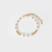 Acier titane bracelet, avec perle d'eau douce cultivée, avec 2inch chaînes de rallonge, Plaqué or 18K, bijoux de mode & pour femme, Longueur:Environ 6.7 pouce, Vendu par PC