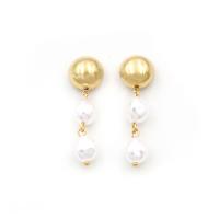 Stainless Steel Drop Earring, 304 Stainless Steel, with Plastic Pearl, 18K gold plated, fashion jewelry & for woman, golden, 7.30x40mm, Sold By Pair