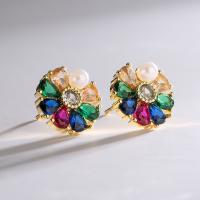 Brass Stud Earring plated fashion jewelry  & micro pave cubic zirconia multi-colored nickel lead & cadmium free Sold By Pair