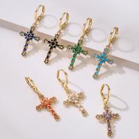 Brass Drop Earring Cross plated fashion jewelry & micro pave cubic zirconia nickel lead & cadmium free Sold By Pair