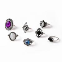 Tibetan Style Ring Set, with Opal & Amethyst, silver color plated, 7 pieces & fashion jewelry & for woman & with cubic zirconia, multi-colored, Sold By Set