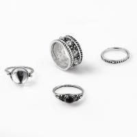 سبائك الزنك خاتم مجموعة, مع حجر طبيعي & زجاج, لون الفضة مطلي, 4 قطع & مجوهرات الموضة & للمرأة, اثنين من مختلف الألوان, تباع بواسطة تعيين