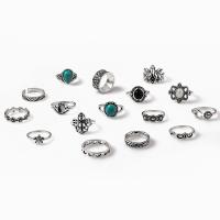 Ensemble d’anneau en alliage de zinc, avec Opale & turquoise, Placage de couleur argentée, 16 pièces & bijoux de mode & pour femme & émail, deux couleurs différentes, Vendu par fixé