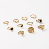 Cink Alloy Ring Set, Cink ötvözet, -val Black Stone, arany színű aranyozott, 10 darab & divat ékszerek & a nő & strasszos, két különböző színű, Által értékesített Set