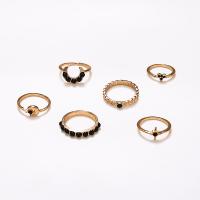 Ensemble d’anneau en alliage de zinc, avec pierre noire, Placage de couleur d'or, 6 pièces & bijoux de mode & pour femme, deux couleurs différentes, Vendu par fixé