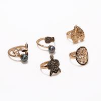 سبائك الزنك خاتم مجموعة, مع لؤلؤة البلاستيك, لون الذهب مطلي, 5 قطع & مجوهرات الموضة & للمرأة & مينا, اثنين من مختلف الألوان, تباع بواسطة تعيين