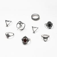 Ensemble d’anneau en alliage de zinc, avec pierre noire, Placage de couleur argentée, 8 pièces & bijoux de mode & pour femme & émail, deux couleurs différentes, Vendu par fixé