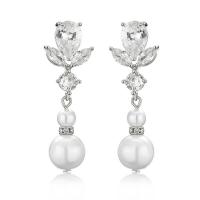 Messing Tropfen Ohrringe, mit Kunststoff Perlen, plattiert, Micro pave Zirkonia & für Frau, keine, frei von Nickel, Blei & Kadmium, 13x39mm, verkauft von Paar
