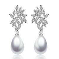 Messing Tropfen Ohrringe, mit Kunststoff Perlen, plattiert, Micro pave Zirkonia & für Frau, keine, frei von Nickel, Blei & Kadmium, 13x37mm, verkauft von Paar