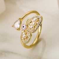 Evil Eye Jewelry Finger Ring, Brass, with Plastic Pearl, Butterfly, plated, micro pave cubic zirconia, more colors for choice, nickel, lead & cadmium free, inner diameter: 1.7~1.9cm, Sold By PC