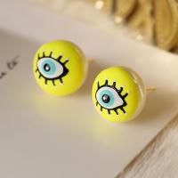 Evil Eye Earrings, Brass, with Plastic Pearl, Round, plated, enamel, more colors for choice, nickel, lead & cadmium free, 15x15mm, Sold By Pair