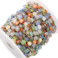 Chaîne de perles de pierre gemme, Acier inoxydable 304, avec Seedbead & Oeil de chat & cristal, Plaqué d'or 18K, DIY, multicolore, 8mm, Vendu par m