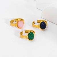 304 Stainless Steel Cuff Finger Ring, with Natural Stone, Oval, 18K gold plated, adjustable & for woman, more colors for choice, Sold By PC