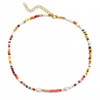 Skleněné korálky náhrdelníky, Seedbead, s Plastové Pearl & Zinek, s 6cm extender řetězce, barva pozlacený, módní šperky & pro ženy, multi-barevný, Prodáno za 41 cm Strand