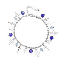 Bracelet Evil Eye bijoux, laiton, avec pierrecaillou & verre, avec 3cm chaînes de rallonge, Placage de couleur argentée, bijoux de mode & pour femme, deux couleurs différentes, Vendu par 16 cm brin