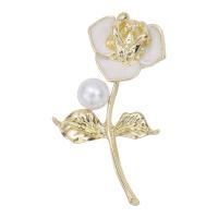 Tibetan Style Brooches, with Plastic Pearl, Flower, gold color plated, fashion jewelry & for woman & enamel, white, nickel, lead & cadmium free, 33x58mm, Sold By PC