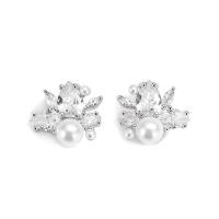 Brass Stud Earring with Plastic Pearl plated micro pave cubic zirconia & for woman nickel lead & cadmium free Sold By Pair